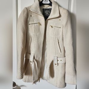 Guess- classy ivory/ecru coat with hip belt. Gold zipper and details.  Size S